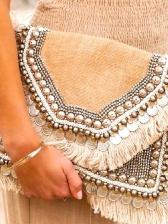 Handbags - Bohemian Fringe Coin Embellished Clutch - Beige